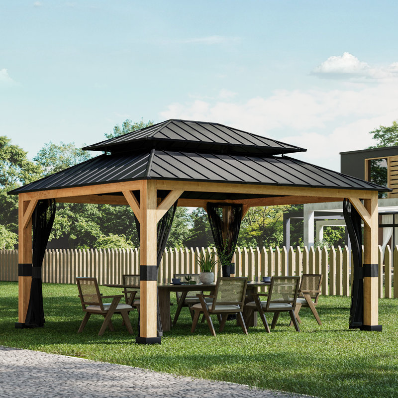 13 Ft. W x 11 Ft. D Solid Wood Patio Gazebo with Mosquito Netting