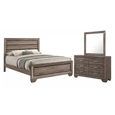 Ensemble de chambre à coucher 3 pièces Brennan couleur taupe délavé, comprenant un lit à panneaux et des tables de chevet.