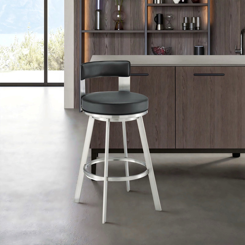 Tabouret de bar pivotant de 66 cm (26 po) en acier inoxydable brossé avec revêtement en similicuir, Noir / argenté