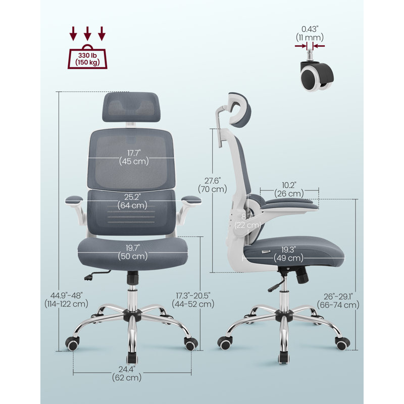 VASAGLE Office Chair, High Back Desk Chair, Mesh Computer Chair, Lumbar Support, Ergonomic Design, Foldable Armrests, Adjustable Headrest, Tilt Function, For Home Office, Dove Grey