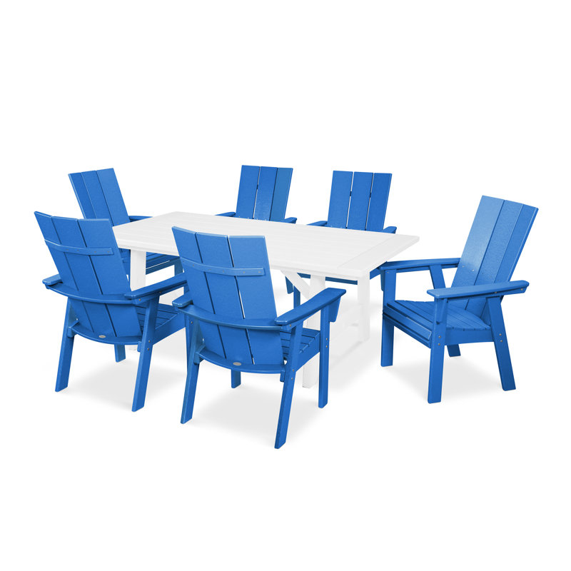 POLYWOOD Modern Curveback Adirondack 7-Piece Rustic Farmhouse Dining Set, Pacific Blue/White