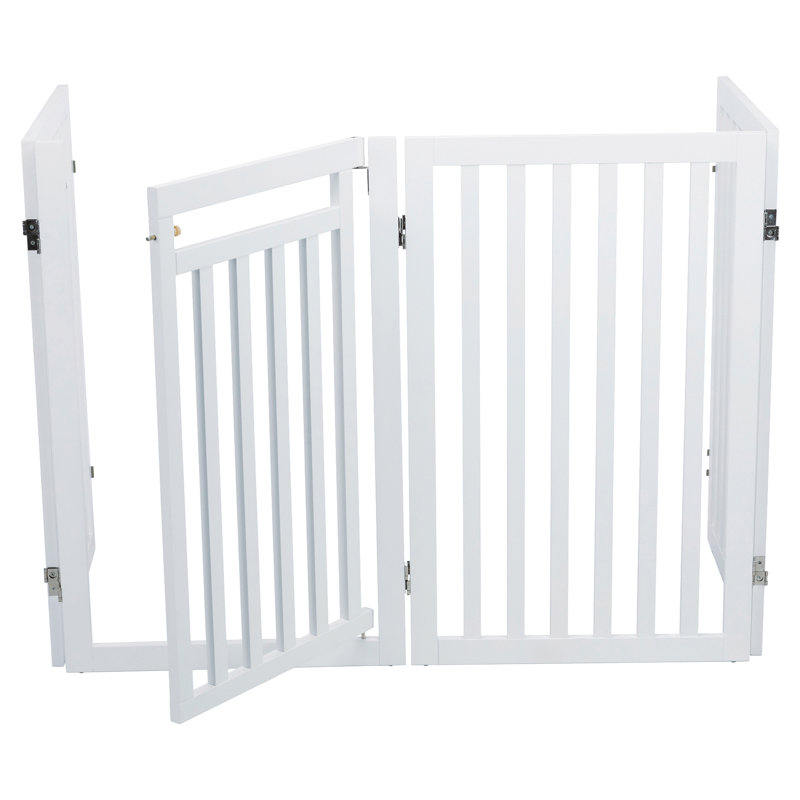 White Freestanding 4-Panel Wooden Pet Gate with Walk-Through Door