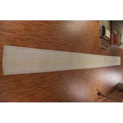 Tapis de couloir beige noué à la main de conception unique 3 pi 3 po x 39 pi 6 po