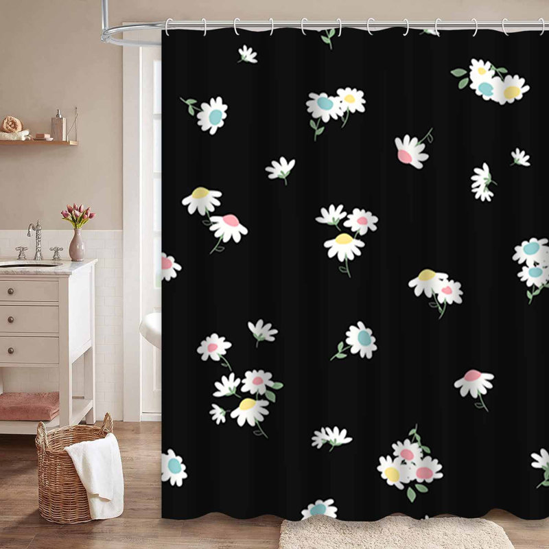 Rideau de douche imperméable à motif floral noir et blanc avec 12 crochets, L 72 po x l 78 po