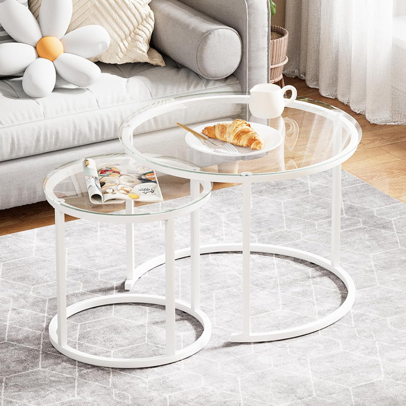 White Nesting Glass Table Set Of 2, Small Glass Round Nesting Tables For Living Room Bedroom, Accent Tea Table With Metal Frame Modern Industrial Simple