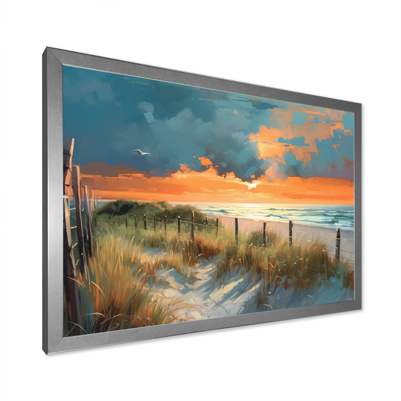 Pathway To Beach Sunset sur toile, Cadre simple argenté, H 30 po x l 40 po x P 1,5 po