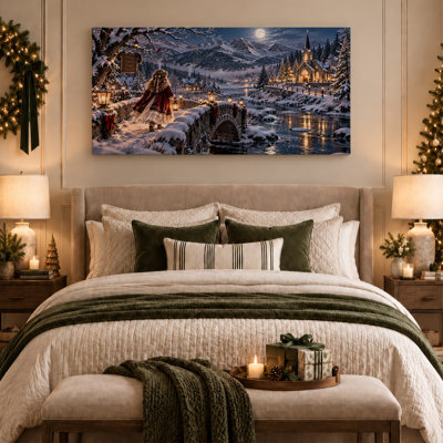 «Girl Walk on Snowy Bridge to Lit Church and Christmas», art mural sur toile