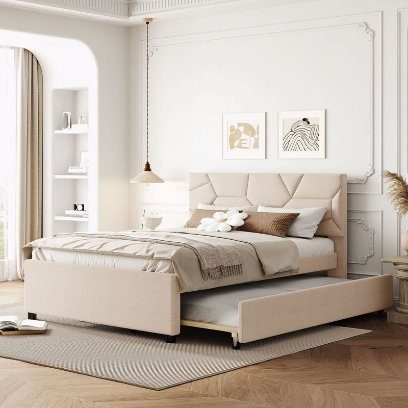 Kenn Linen Upholstered Bed with Trundle, Full, Beige