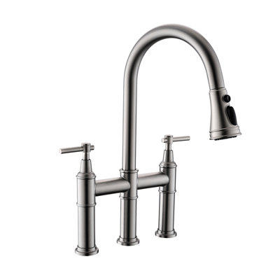 3 Hole Brushed Nickel Kitchen Faucet, Pull Down , 2 Handles, Modern And Classic Faucet For Sink, Handle, Construction
