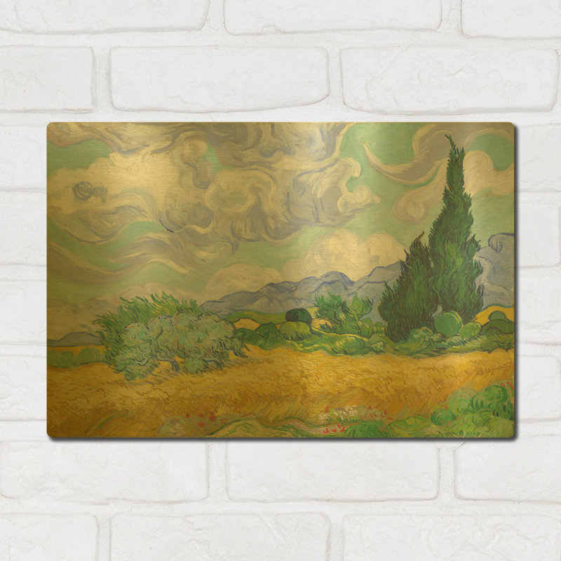 «Champ de blé avec cyprès» par Vincent Van Gogh, art mural en métal doré, 16 po x 12 po, 16"x12"