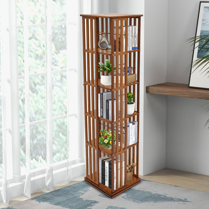 5-Tier Rotatable Bookshelf Floor Standing Book Storage Display Rack, Tan