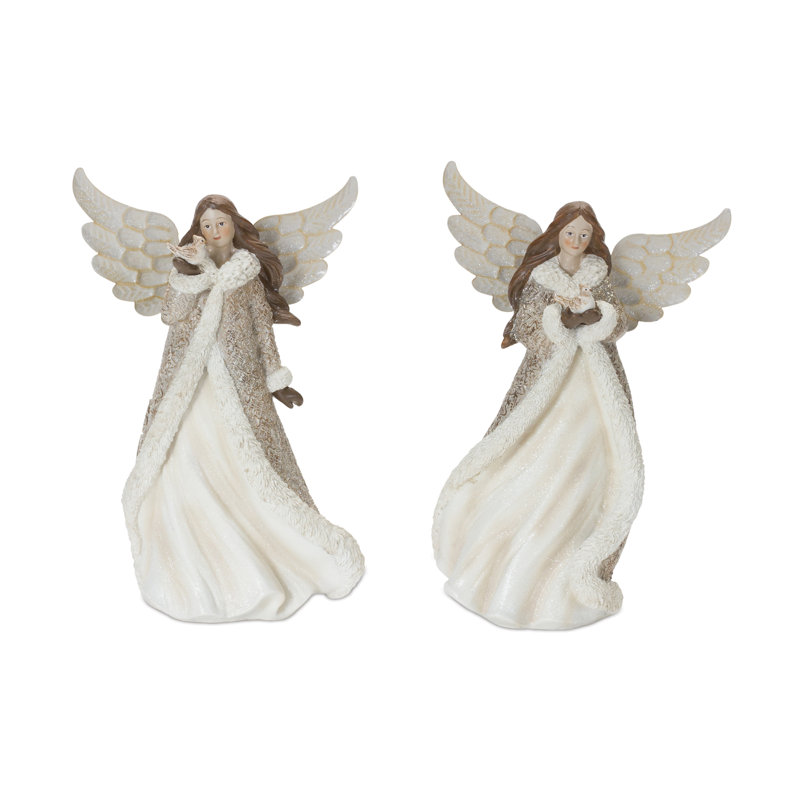 Figurine ange d'hiver avec décor d'oiseau (ensemble de 2)
