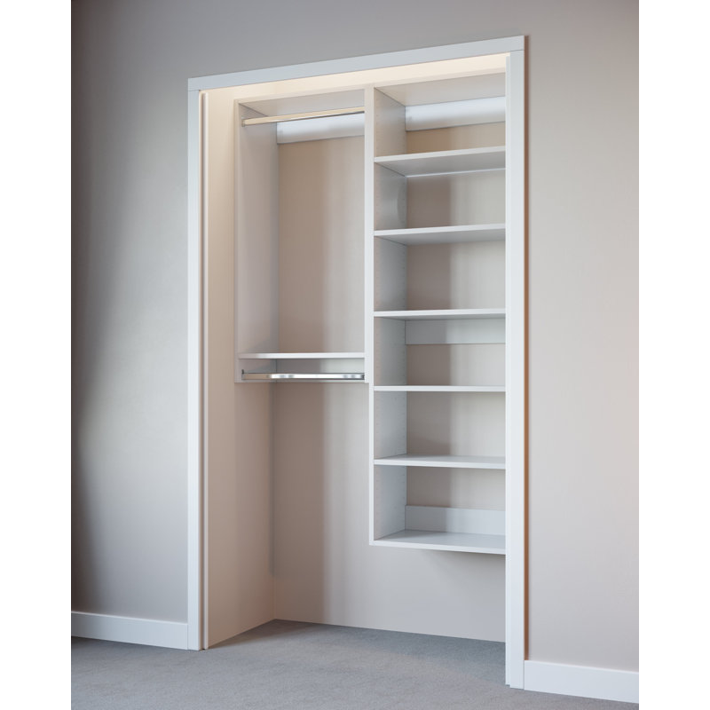White Modular Closet System with Shelves and Hanging Space