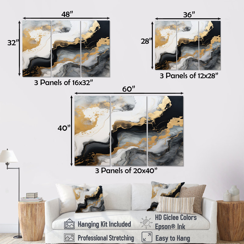 Glam Gold Flows - ensemble d'art mural en marbre noir, H 28 po x l 36 po x P 1 po, Toile tendue
