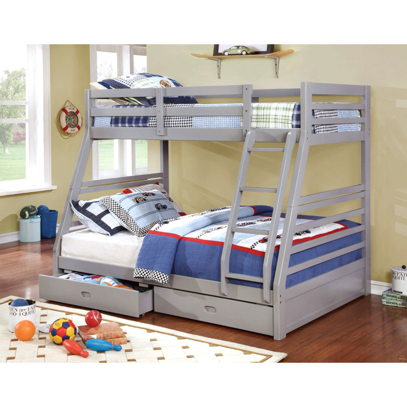 Lit superposé simple au-dessus d'un lit double avec deux grands tiroirs pour échelle de rangement en bois massif, Gris