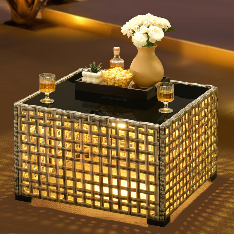 Emanuell Outdoor Lighted Coffee Table With Square Glass, Wicker Table