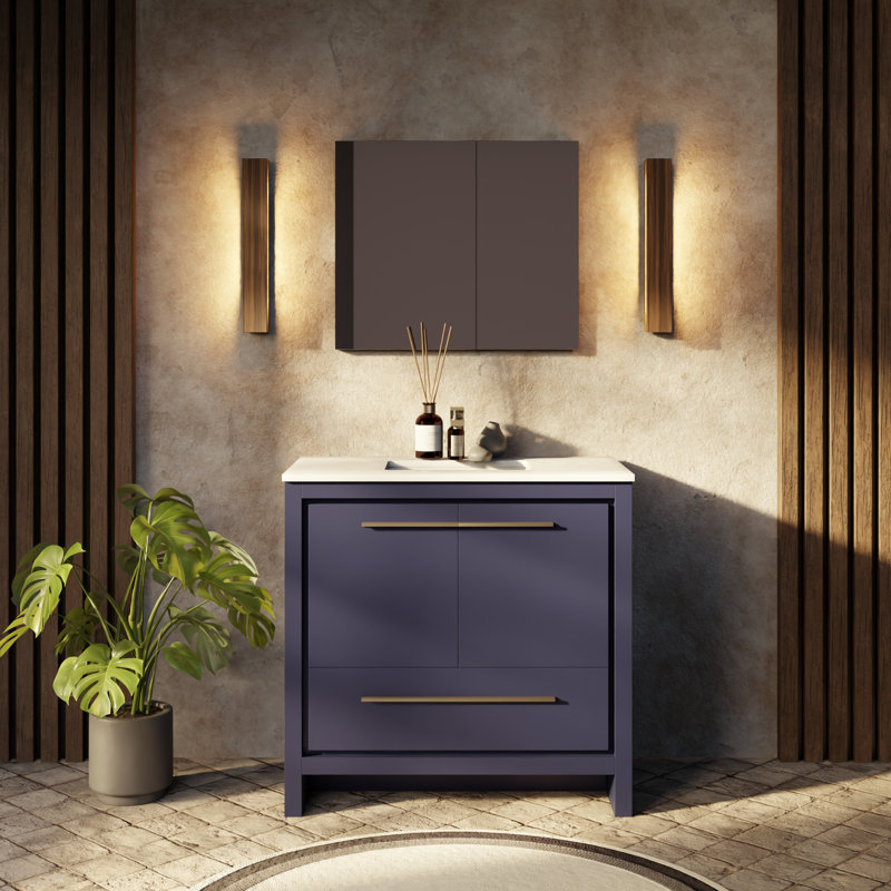 Lafarre 36" Single Bathroom Vanity Set, Navy Blue, White Quartz