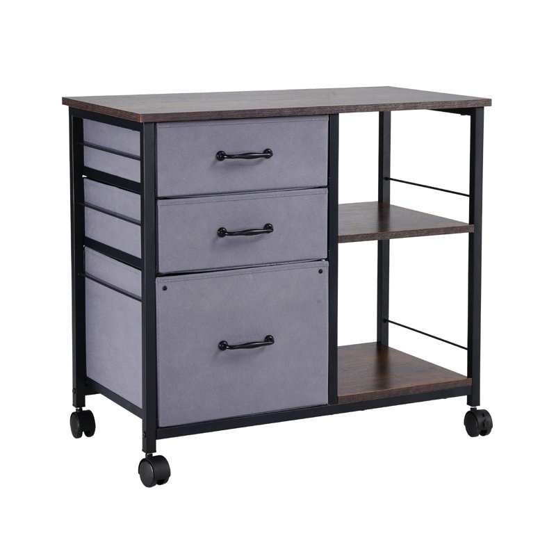 Classeur en métal avec 3 tiroirs en tissu et 2 tablettes ouvertes, Gris