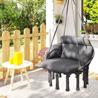 Fauteuil hamac suspendu 1 personne avec coussin, pour intérieur et extérieur, couleur crème et blanc.
