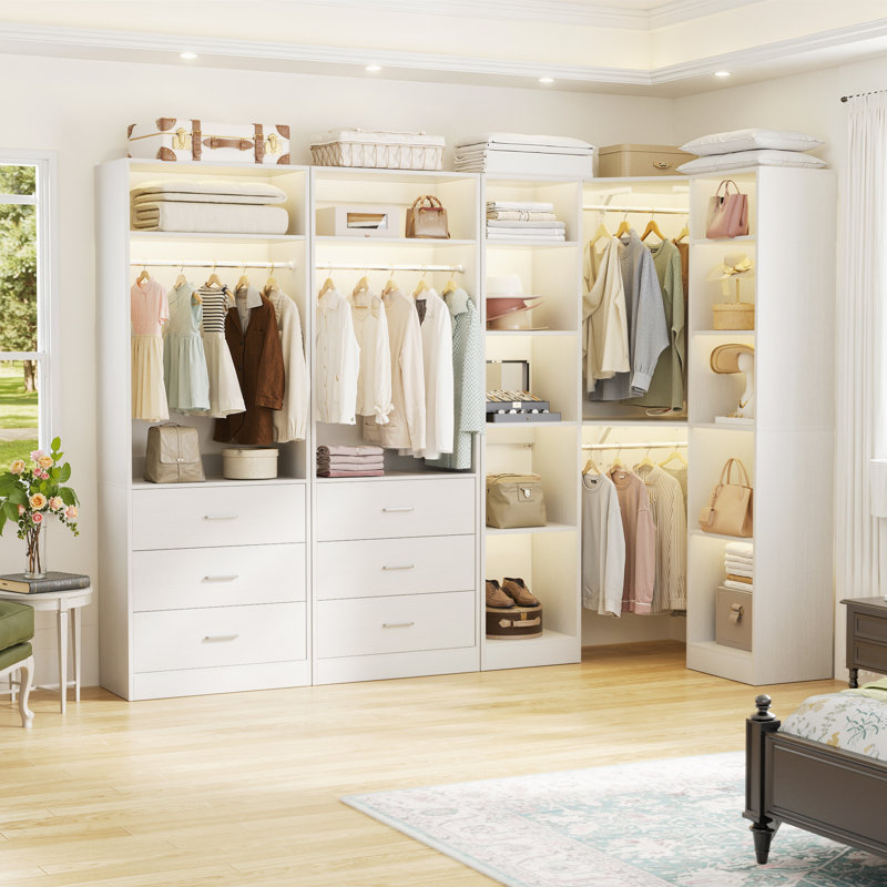 63.2" L X 63.2" W X 80" H Corner Closet System,Freestanding Closet Organizer System With 6 Drawers & 12 Shelves, White