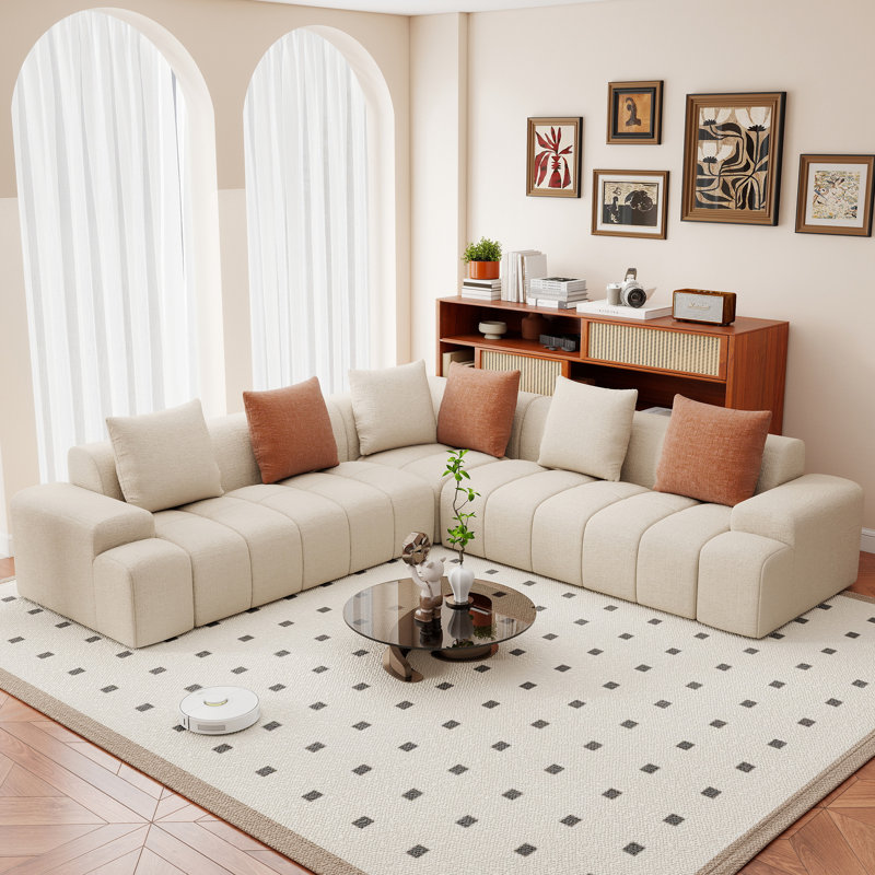 Canapé modulaire en chenille avec méridienne en L 108 po avec méridienne Boneless, Beige