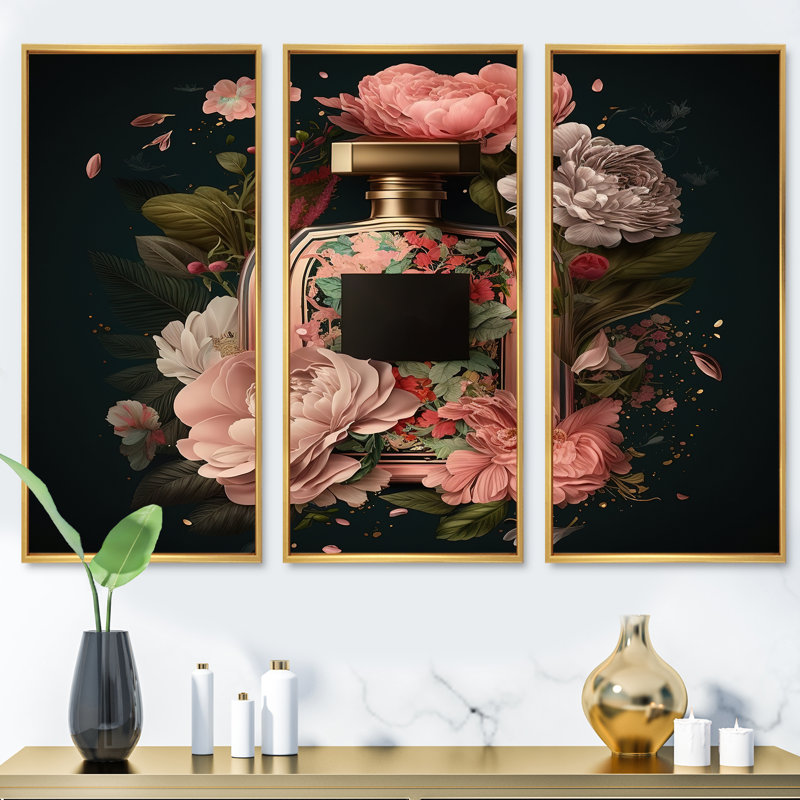 «Elegant Floral Perfume Bottle I», reproduction sur toile 3 pièces, H 28 po x l 36 po x P 1 po, Cadre blanc