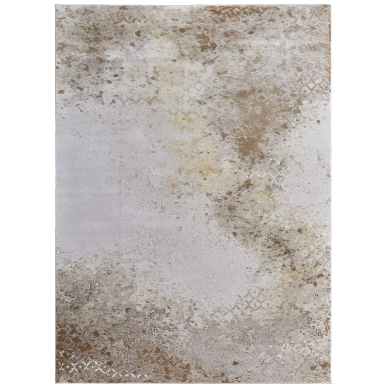 Ivory and Brown Abstract Rectangular Synthetic Rug, 34 x 20 inches