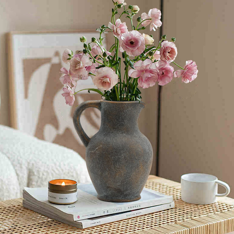 Ceramic Vase With Handle, Rustic Farmhouse Terracotta Vase, Minimalist Decorative Vase, Black