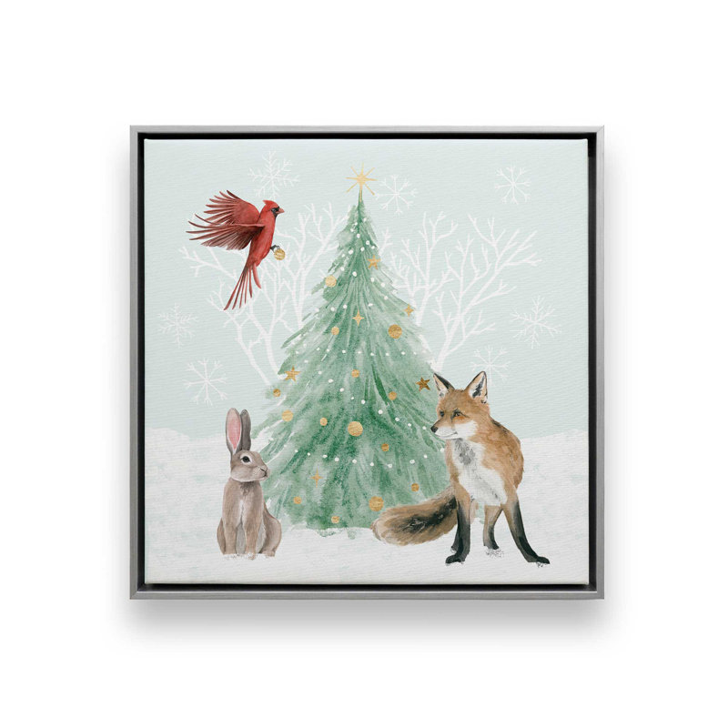 Faune hivernale avec arbre de Noël I, reproduction sur toile dans un cadre poli, H 32,75 po x l 32,75 po x P 1,75 po