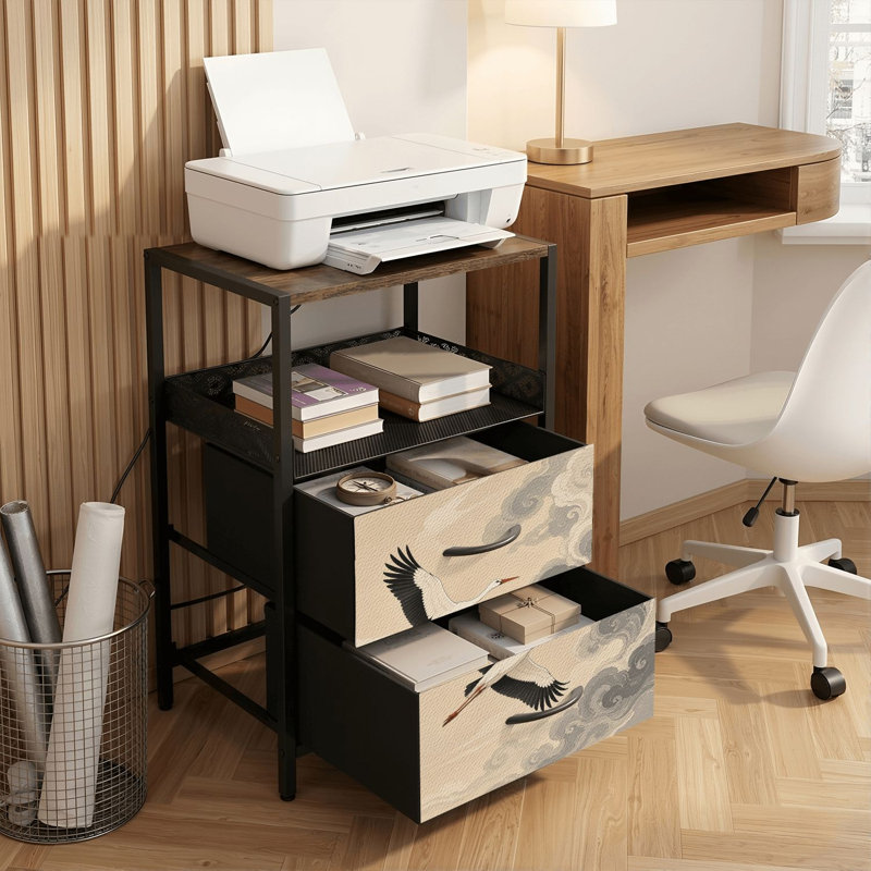 Table de chevet 2 tiroirs avec station de charge, table de chevet pour chambre avec ports USB et amp; Outlets, tablette ouverte noire, table de chevet avec motif de nuages tourbillonnants de style japonais