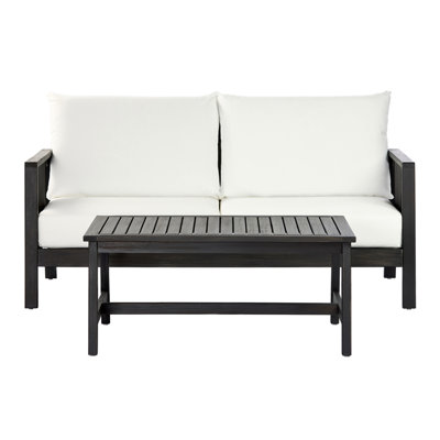 Ensemble de canapé 2 pièces avec coussins d'extérieur et table basse - Structure en bois d'acacia avec textilène noir, coussins blancs hydrofuges (finition gris foncé) pour patio / cour arrière / terrasse