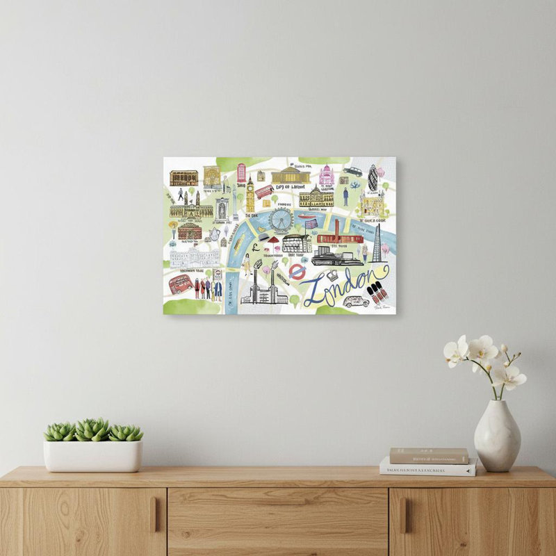 «Fun Illustrated London Map», peinture sur toile sans cadre, 16 po x 24 po