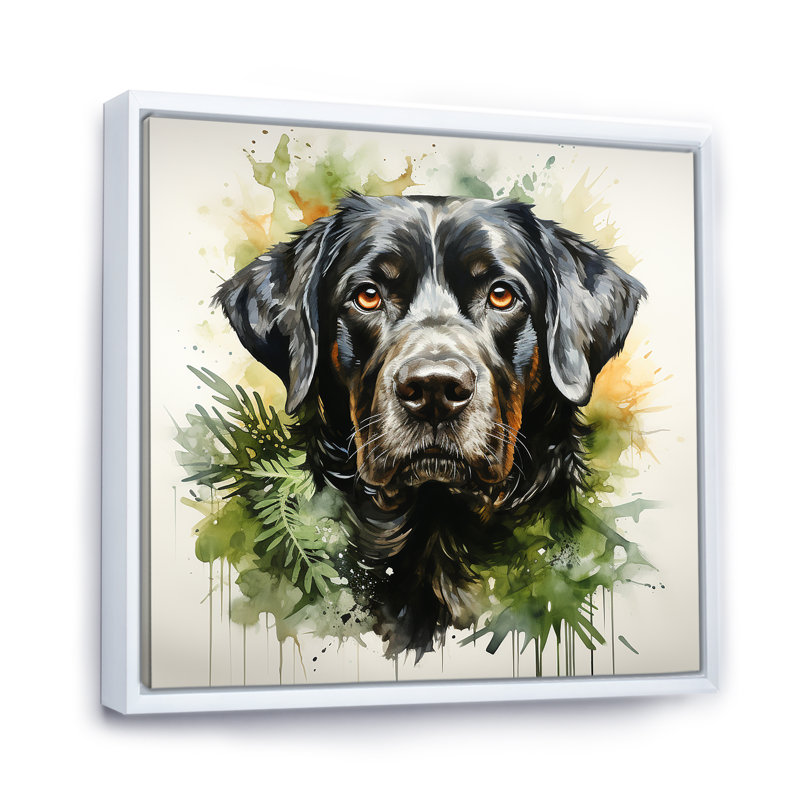 Tropical Labardor Dog Portrait - Art mural chien, Cadre flottant blanc, 16" H x 16" W