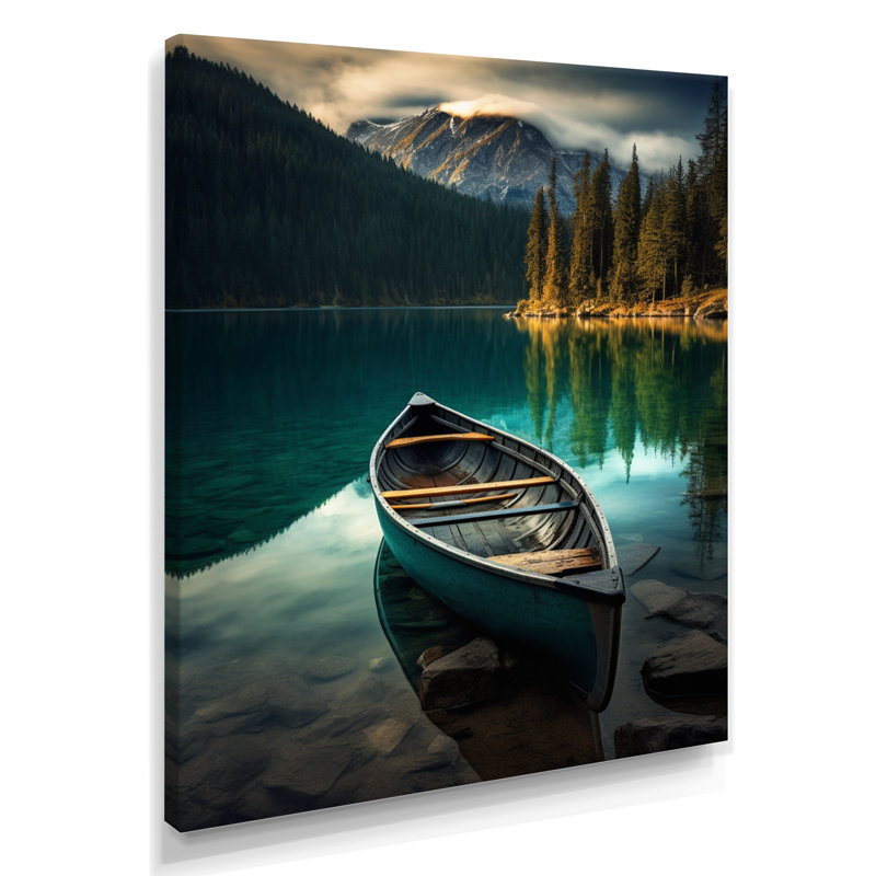 «Canoe on Blue Forest Mountain Lake», reproduction d'art murale en bateau, Toile tendue, H 44 po x l 34 po