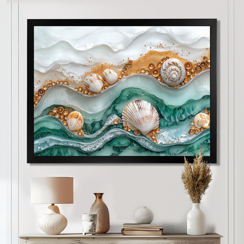 Coquillage et paysage de plage marbré II - art mural bord de mer, H 12 po x l 20 po, Avec cadre, Noir