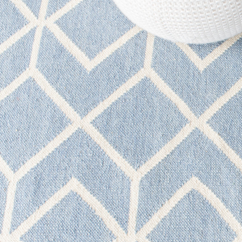Rodgers Hand Woven Flat Weave Wool/Cotton Geometric Rug in Blue/Ivory, Runner 2'6" x 10'