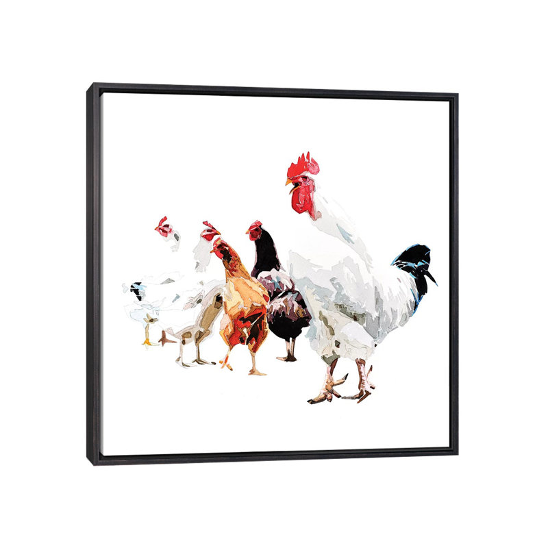 Chickens par EdsWatercolours - Reproduction d'art, Toile avec cadre noir patiné, Aucun mat, H 26 po x l 26 po x P 1,5 po