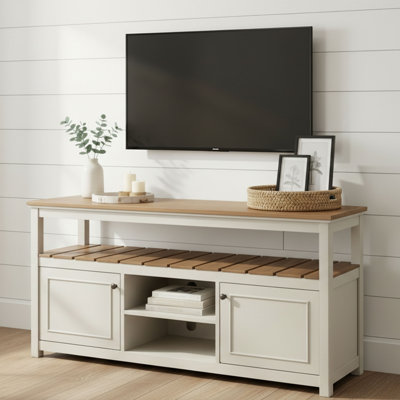 Savannah 58" Wide 2-Door TV Cabinet Ivory with Natural Wood Top