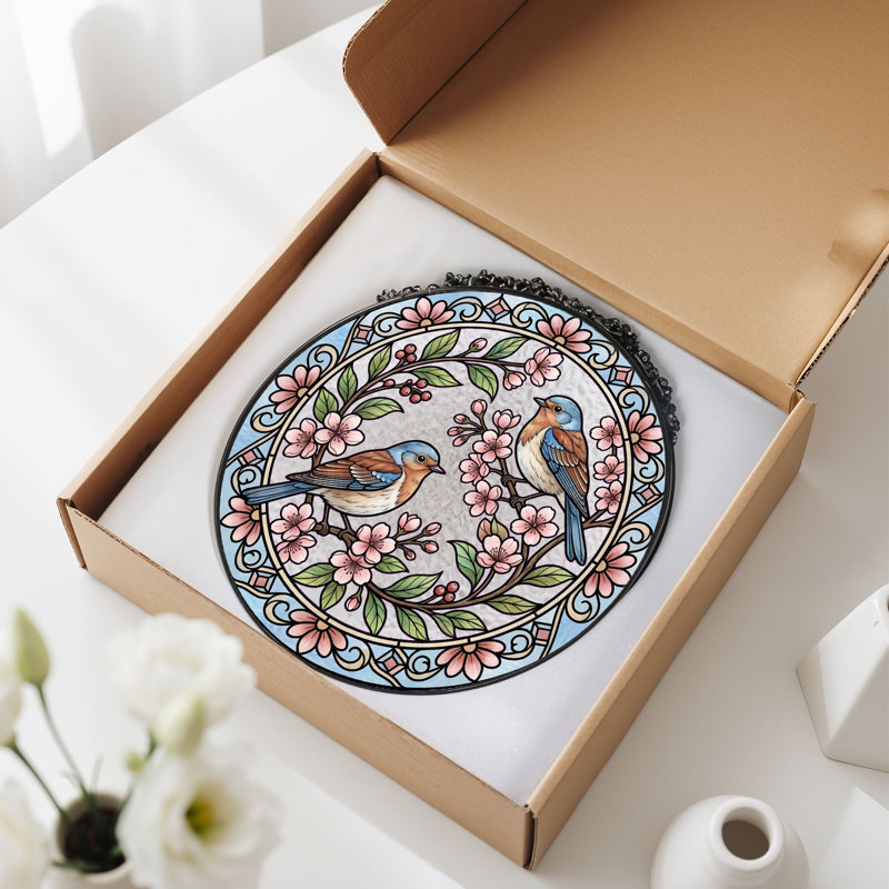 Panneau de vitrail Birds Blossoms - 7,8 heures, H 7,8 po