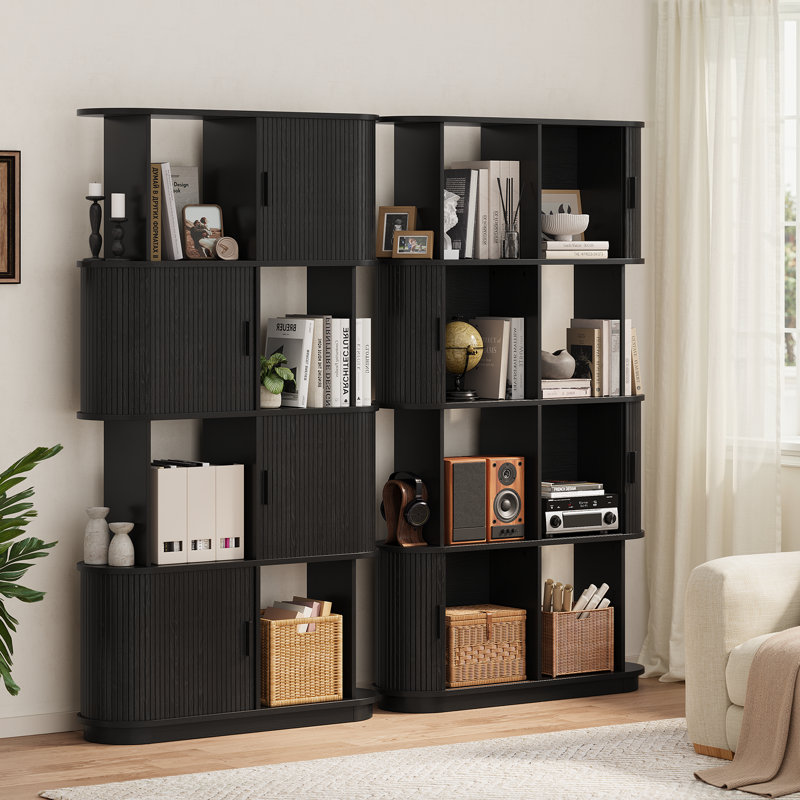 71" H  Mid-Century Bookcase, 4 Tier S-Shaped with Storage Cabinet for Living Room, Home Office, Black