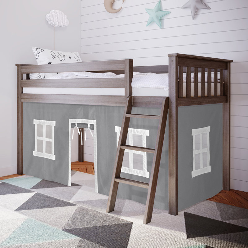 Lit mezzanine simple en bois massif avec rideau Ethridge Kids, Argile, Gris