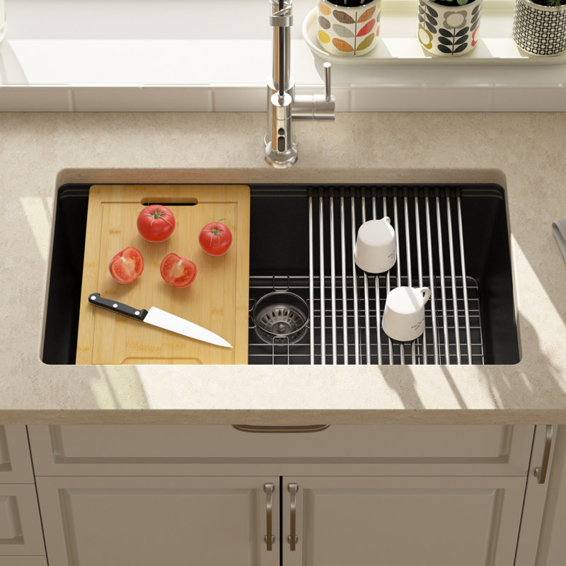 Évier de cuisine à quartz encastré à simple cuve en granite 32 po x 19 po, Noir