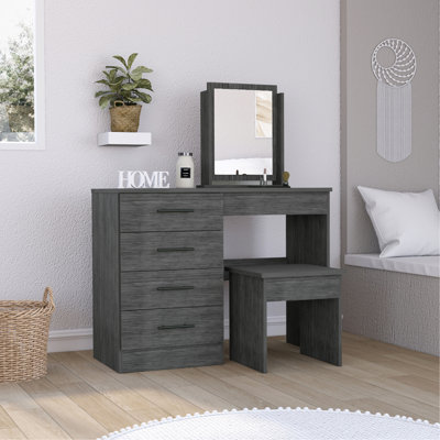 Coiffeuse Kaia, quatre tiroirs, un miroir et un tabouret - chêne Smokey