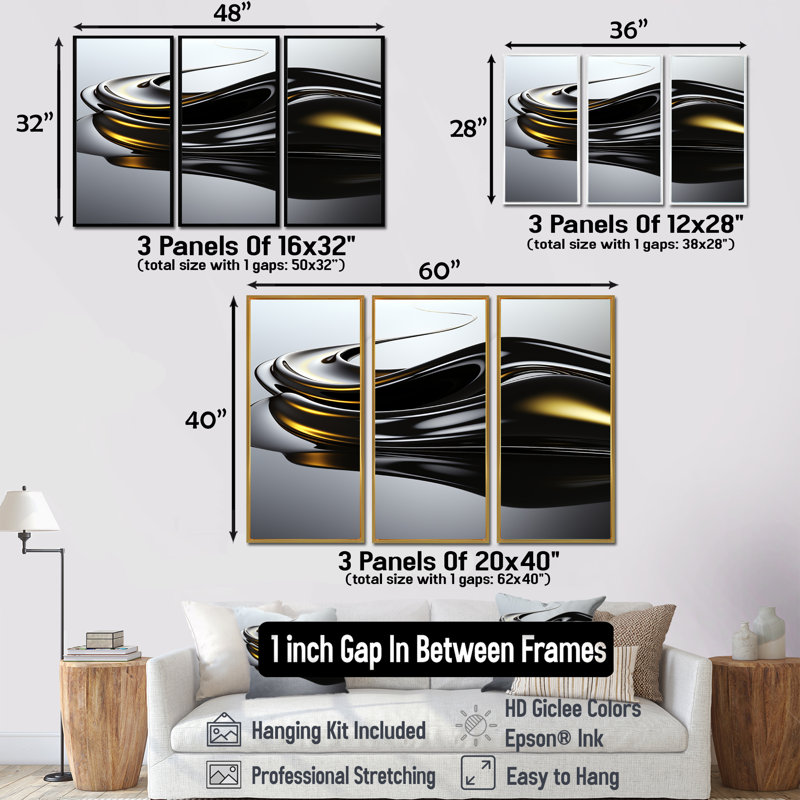 «Black Flow Gold Glow», ensemble d'art mural abstrait à encre liquide, Cadre flottant noir, H 28 po x l 36 po x P 1 po