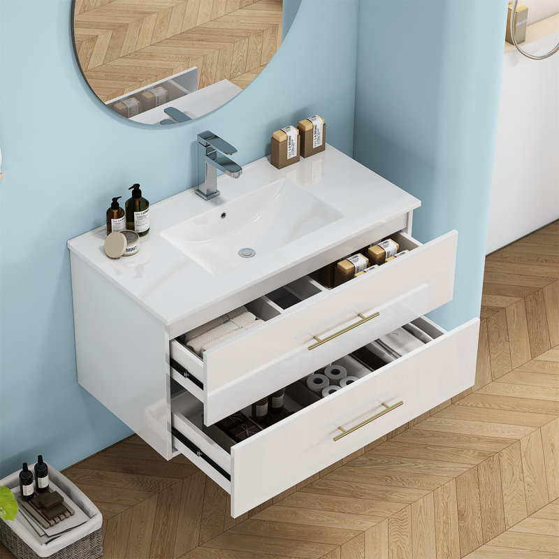 Meuble-lavabo mural blanc brillant 36 po avec lavabo 36 po, Blanc lustré, 36"