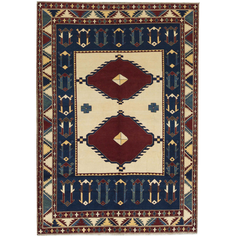 Pakistan Wool Oriental Area Rug in Ivory/Navy/Brown