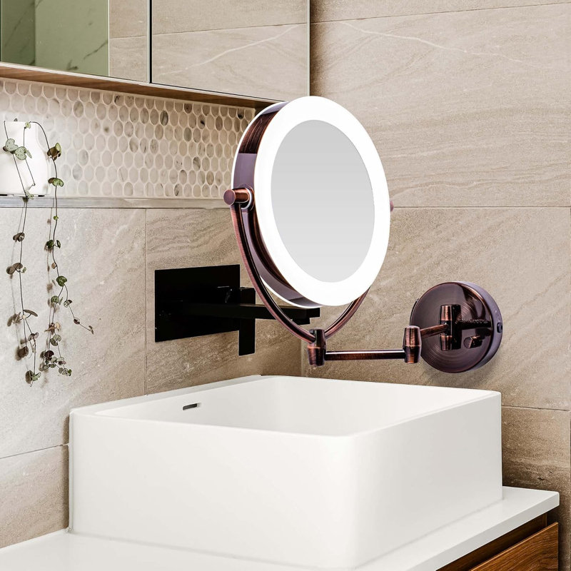 Miroir de maquillage mural lumineux 7,5 po Ovente, loupe 1X et 10X, DEL ronde double face avec gradateur, bras extensible, rétractable et pliable, laiton antique alimenté par pile USB MLW75AB1X10X