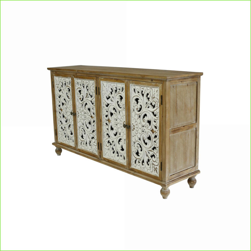 Armoires, armoire d'appoint de style campagne vieillie avec 4 portes sculptées et amp; Rangement | Beige | Panneau de fibres à densité moyenne