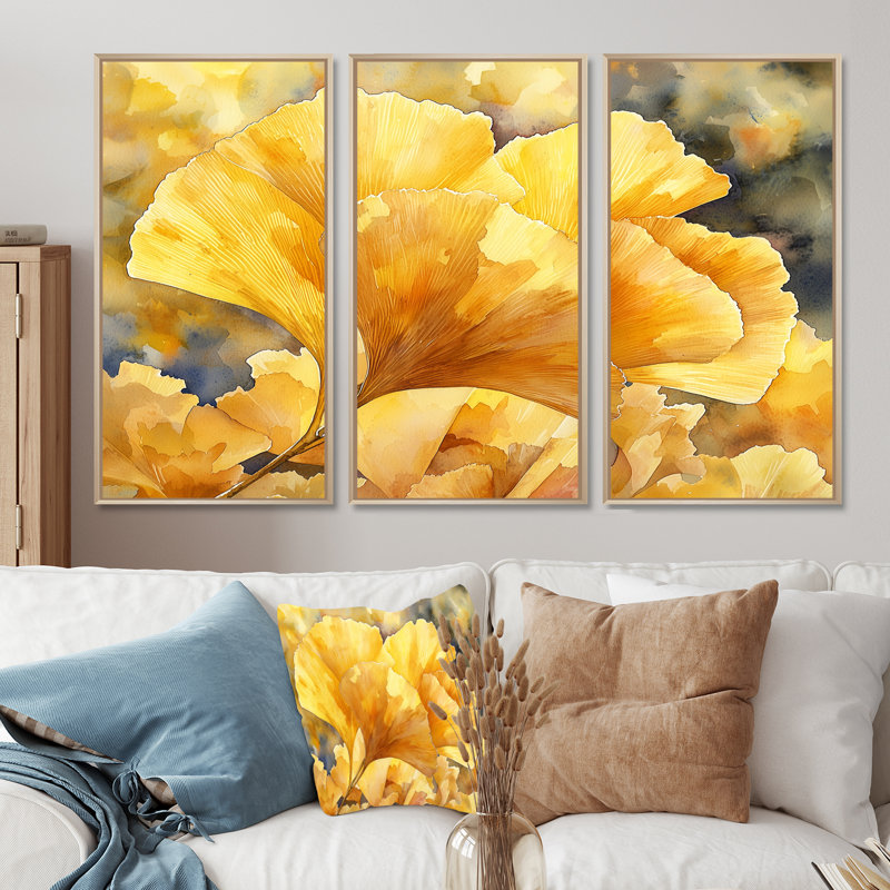Golden Ginkgo Leaf II - feuilles, art mural - ensemble de 3, H 40 po x l 60 po, Impression encadrée sans passe-partout