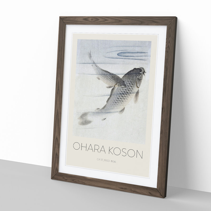 Pair of Carps by Ohara Koson - Picture Frame Painting, 48cm H x 36cm W x 2cm D, Walnut